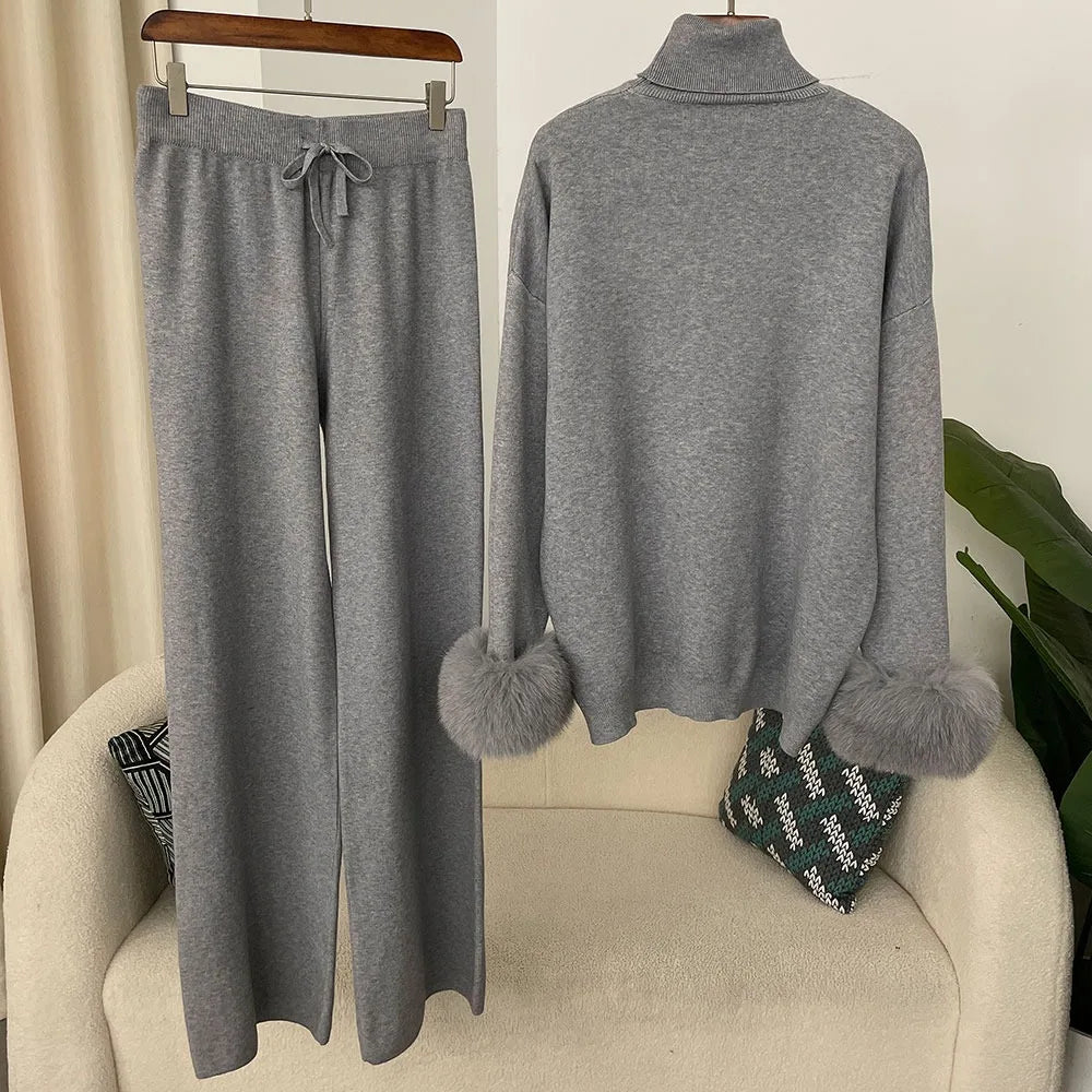 Fashion Autumn Winter Natural Real Fox Fur Cuffs Coat Knitted Sweater Women Long Pants Set Jacket Thick Warm