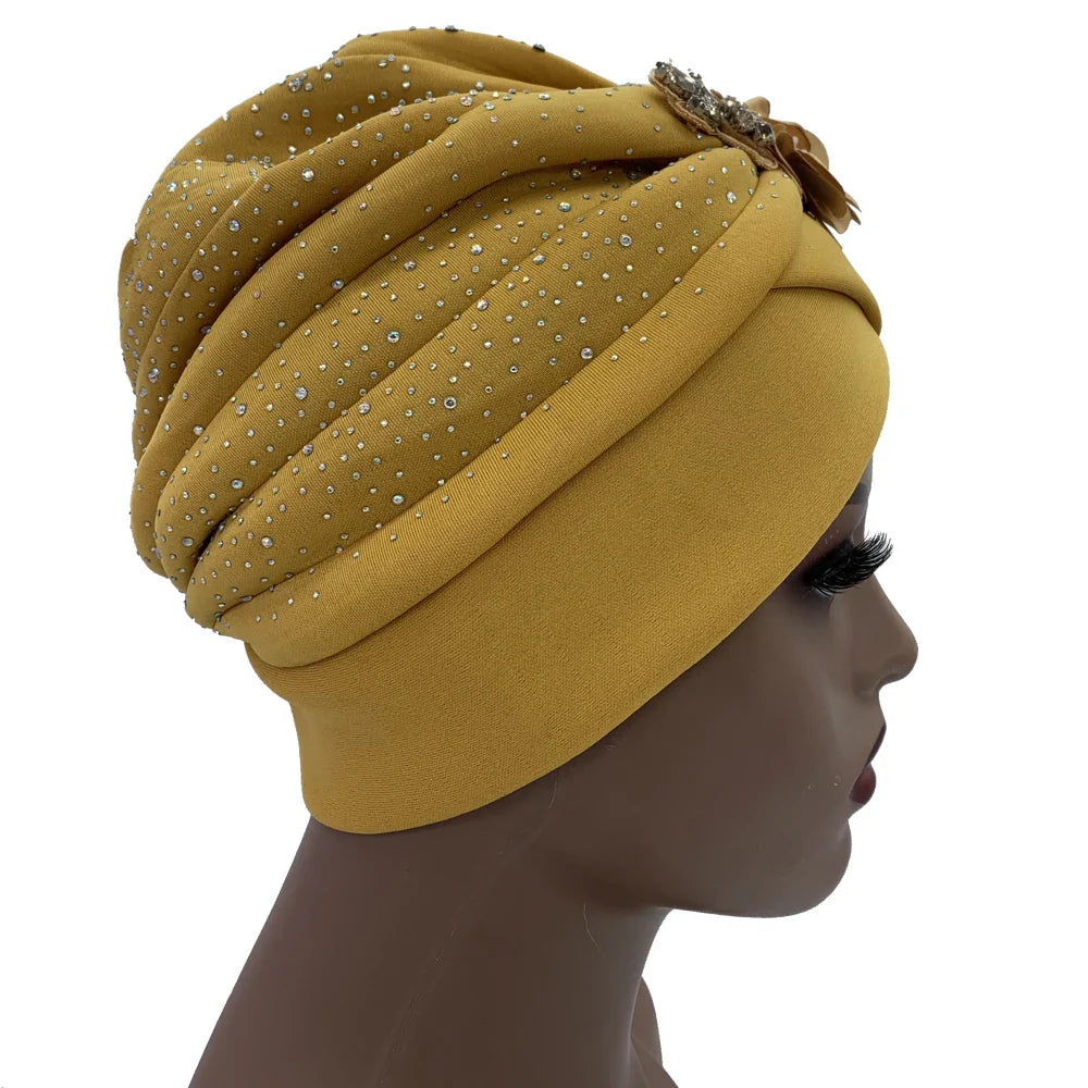 Elegant African Turban Cap with Shiny Rhinestone Ready to Wear Nigeria Auto Gele Headtie Party Women's Head Wrap Bonnet Turbante