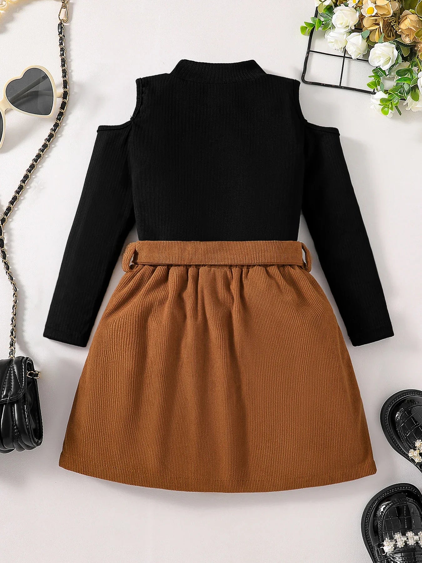 Children's Clothing Girls' Autumn New Fashion Set - Solid Color T-shirt Off Shoulder Half High Collar Top+Solid Color Half Skirt