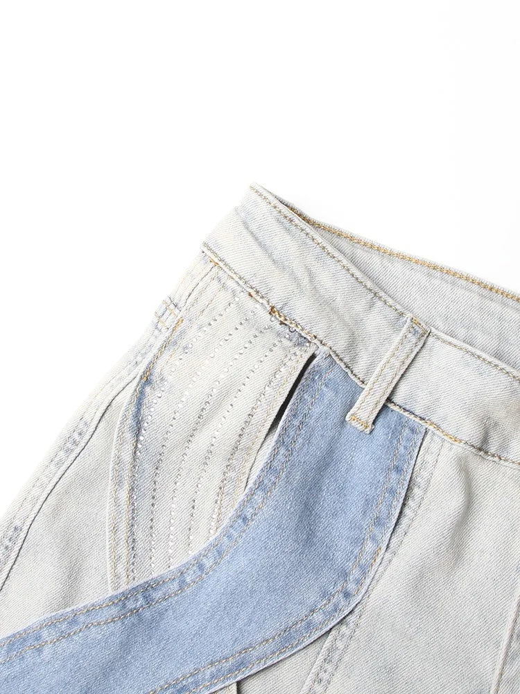 Women's Crisscross Streetwear Denim Trousers With High Waist Patchwork
