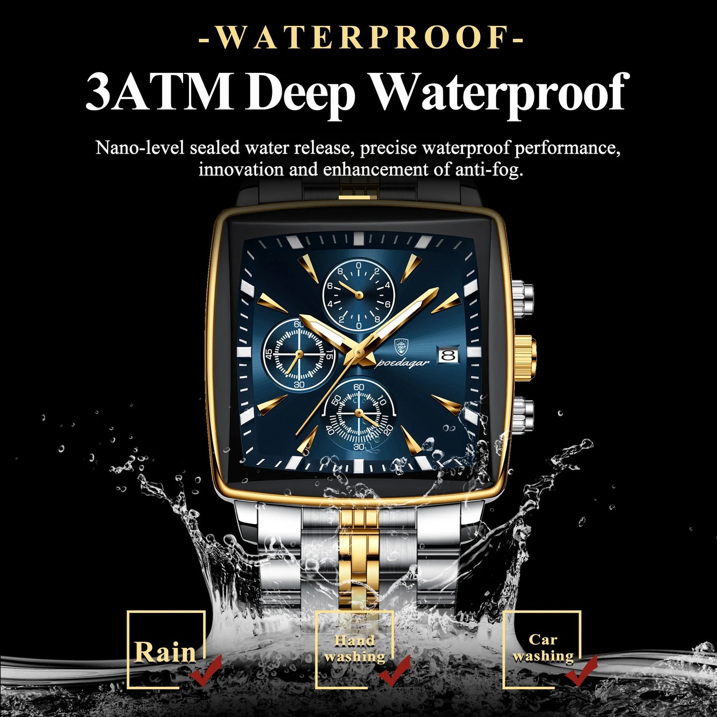 Fashion Men Watch Luminous Waterproof Chronograph Date Man Wristwatch Square Stainless Steel Quartz Men's Watches Reloj