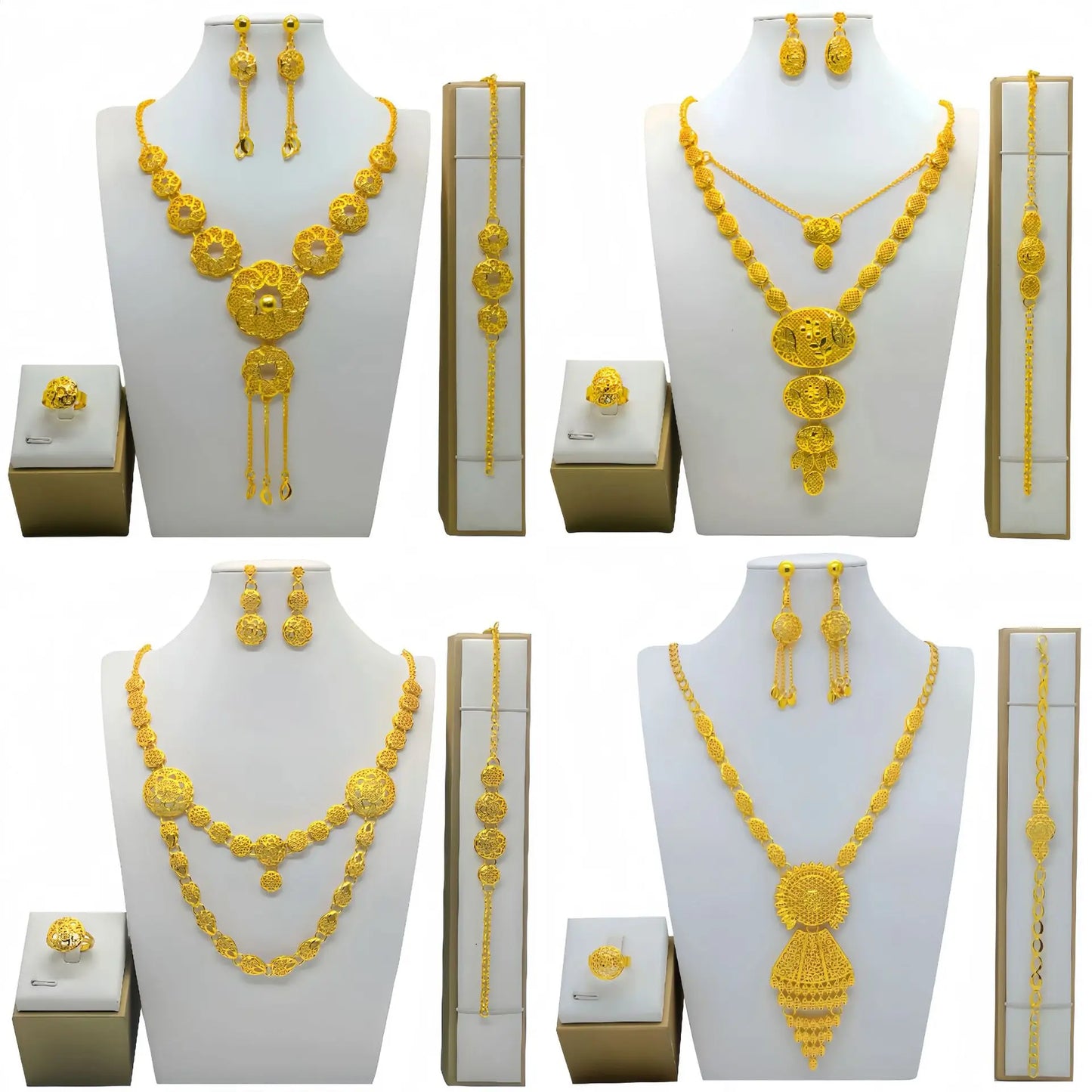Fashion Dubai Flower Design Luxury 24k Gold Color Women's Jewelry Set African Fashion Bracelet Earrings Necklace Ring Four Piece