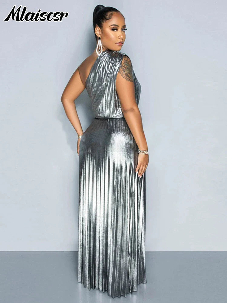 Women's Metallic Golden One Shoulder Sleeveless Pleated A-Line Long Dress Elegant Luxury Evening Gowns