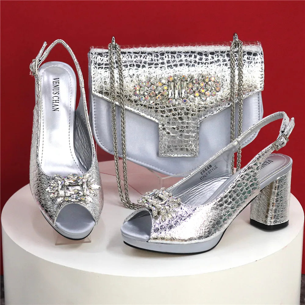 Women's Open Toe Heels Fashionable Rhinestone Decoration Shoe and Bag Set