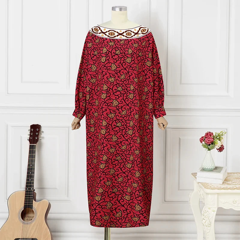 Women's Bohemian Printing Maxi Dress Long Bat-wing Sleeve Elegant Casual Round Neck