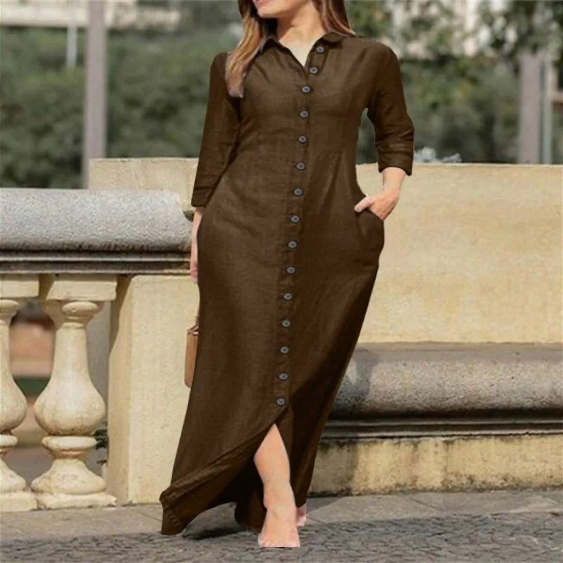 Elegant and Fashionable Neutral Style Long Sleeved Cardigan Solid Color Long Cotton and Linen Dress New Temperament Party Dress