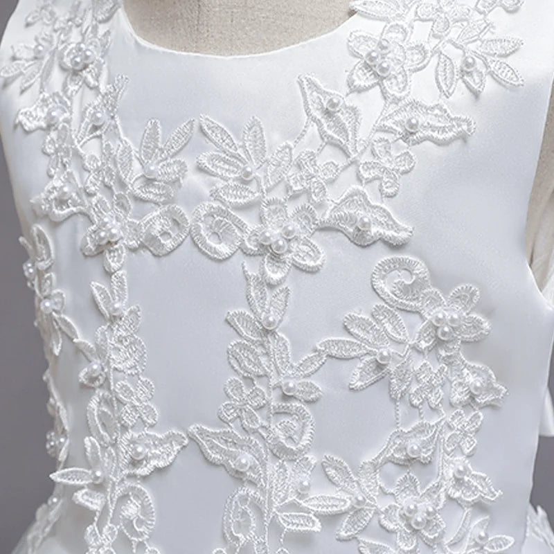 Girls White Lace Pearl Flower Princess Dress For Sequins Sleeveless First Communion Bridesmaid Wedding Formal Evening Long Gown