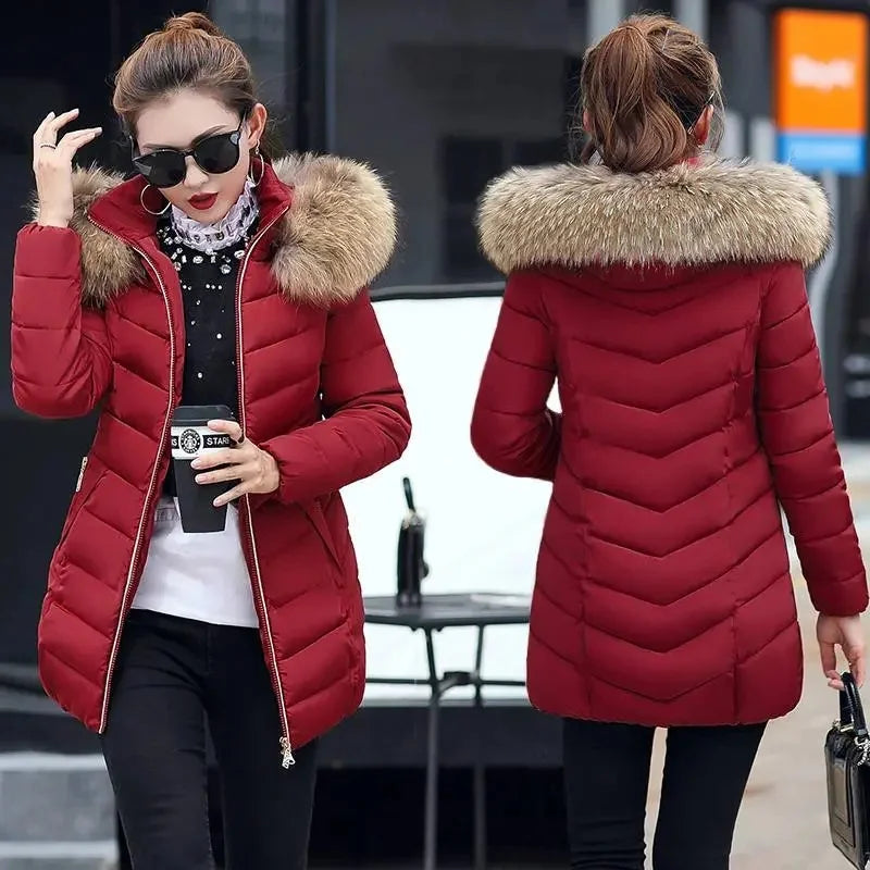 Winter Warm Fur Collar Hooded Women's Comfortable Zipper Pockets Jacket