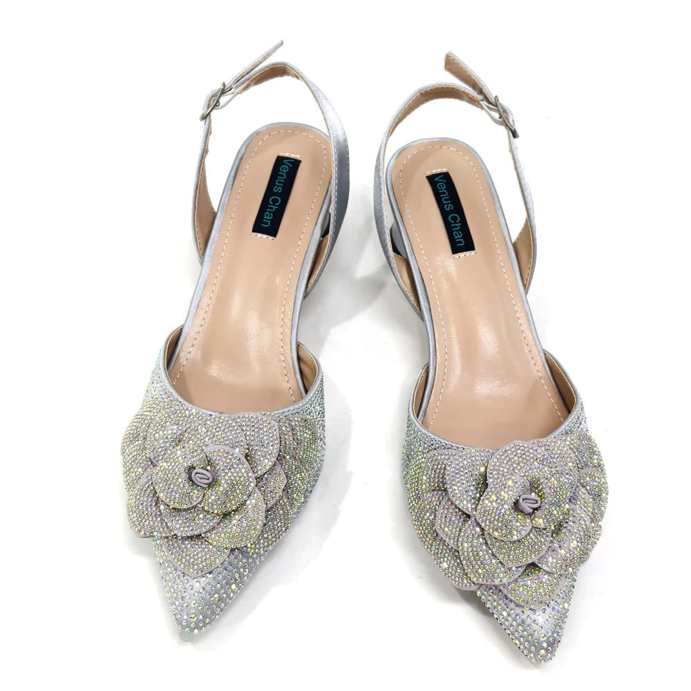 Women's Pointed-Toe Large Flower Decoration Rhinestone Low Heel Italian Shoes and Bags Set