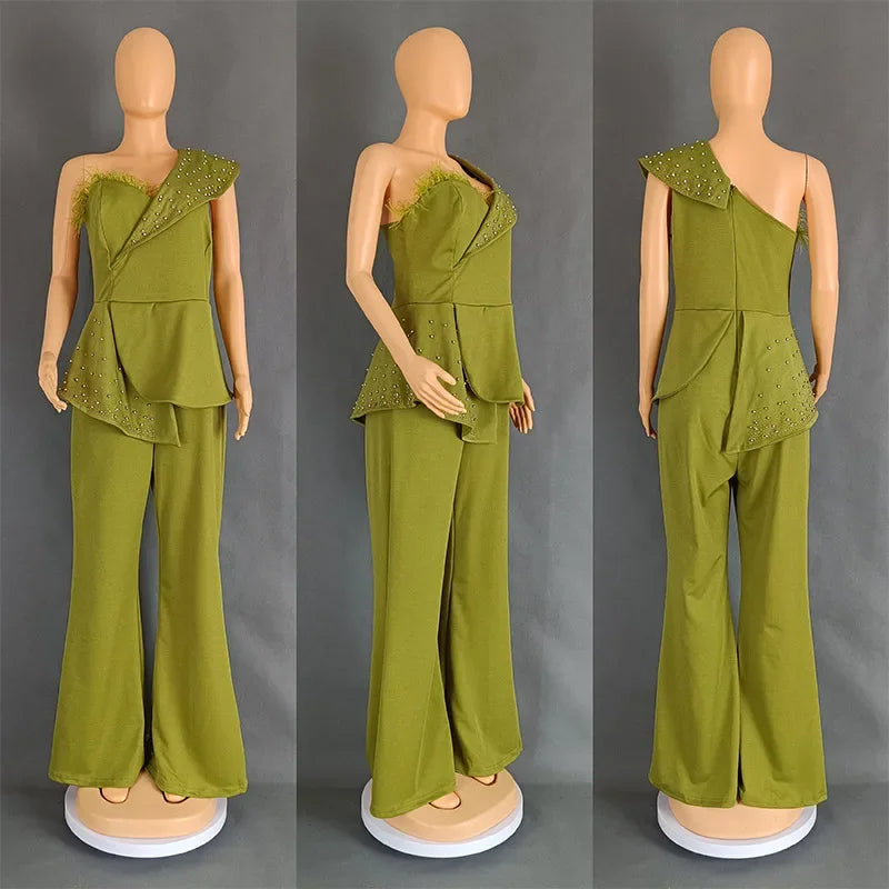 CM.YAYA Vintage Pearl Feather Sleeveless Patchwork Women Party Evening Prom Straight Jumpsuits 2024 Summer Sexy Playsuit Outfit