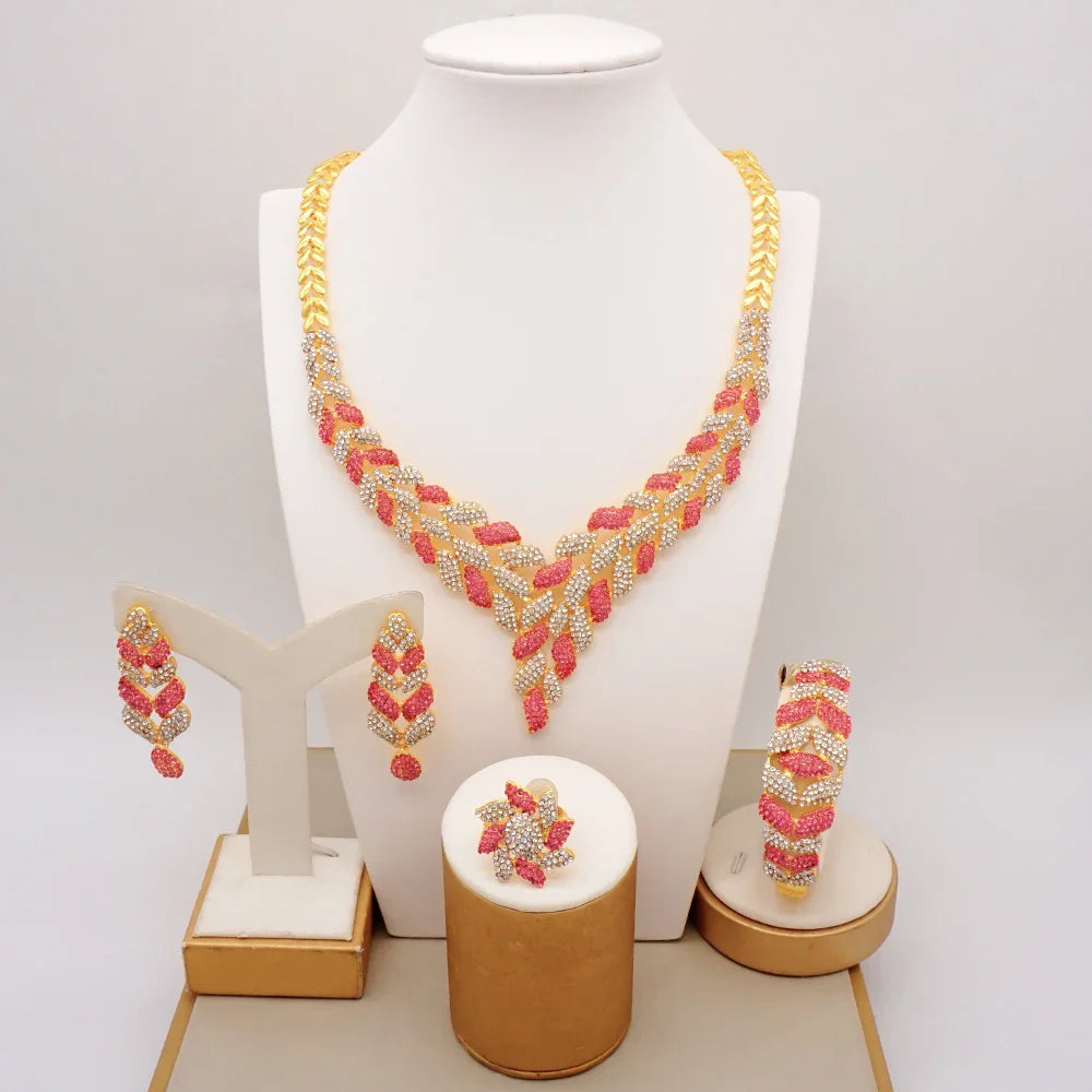 Latest Italian Dubai Gold Color Ladies Full Crystal Necklace Jewelry Set Simple Ring Bracelet Earrings African Jewelry Wedding