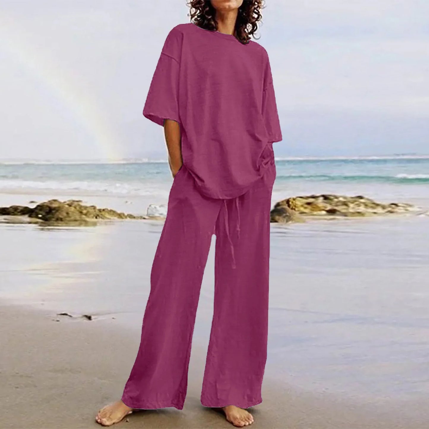 Fashion Women's 2-piece Set 2024 Summer Casual Loose Lace Up Pocket Set Half Sleeve O-Neck Top And Wide Leg Pants Set Outfits