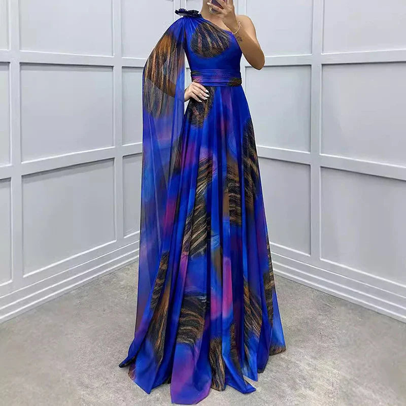 Women Spring Printed Floor Length Dress Elegant Flower Inclined Shoulder Hollow Evening Dress Fall High Waist Chiffon Long Dress