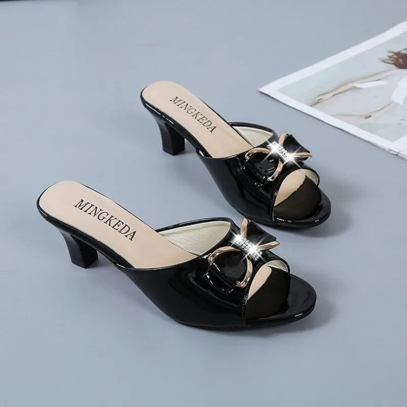 Summer Female Sandals Women Slippers Sexy Open Toe Fish Mouth Slippers  Ladies Rhinestone Bowknot Slides Shoes Plus Size 42