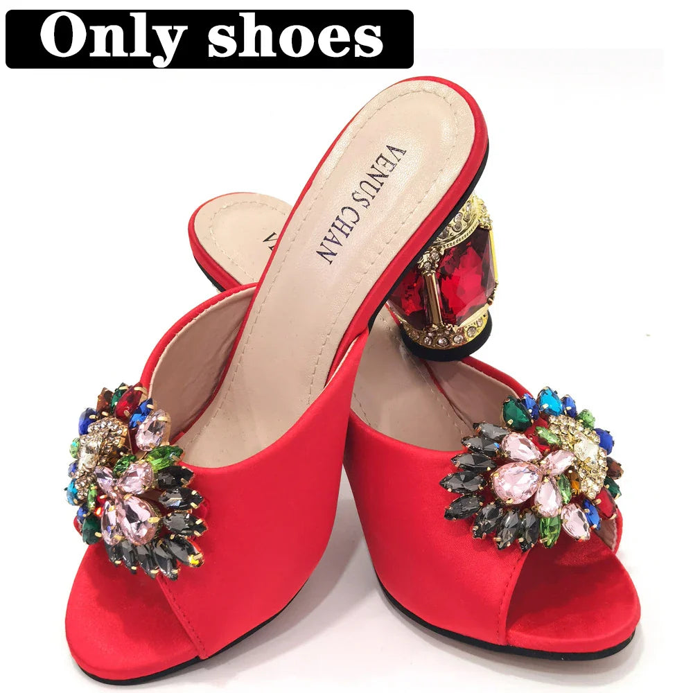 2022 Yellow Color Luxury Rhinestone Heel Fashion Party Women's High Heels Elegant Evening Sandals Wedding Bags and Shoes with