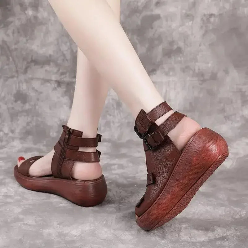 Women's Sandals Summer 2024 Mid Heeled Wedges Shoes for Women Retro Leather Gladiator Sandals Platform Rome Sandalias De Mujer