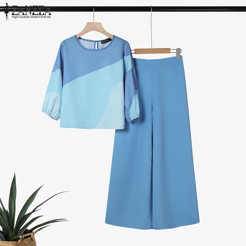 2PCS Summer Pant Sets ZANZEA Fashion Women Outfits 3/4 Sleeve Printed Blouse Trousers Suit Casual Work Tracksuits Matching Sets