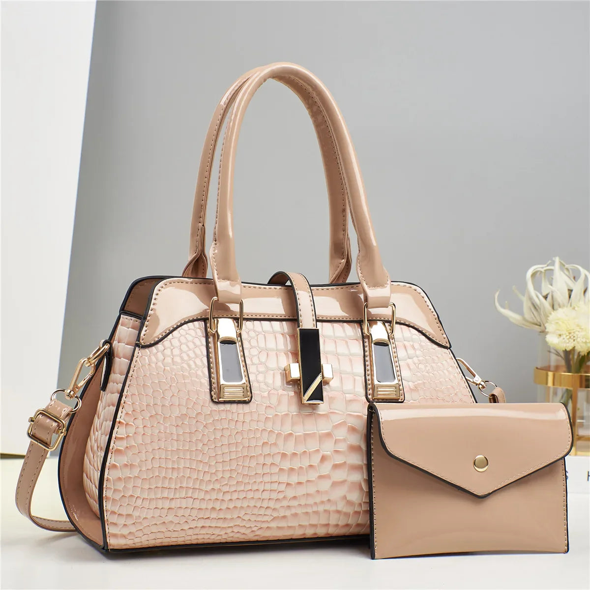 Luxury Brand Crocodile Women Tote Bag Bright Leather Women Handbag Purse Shoulder Bag Female Top-handle Bags Commuting Shopping