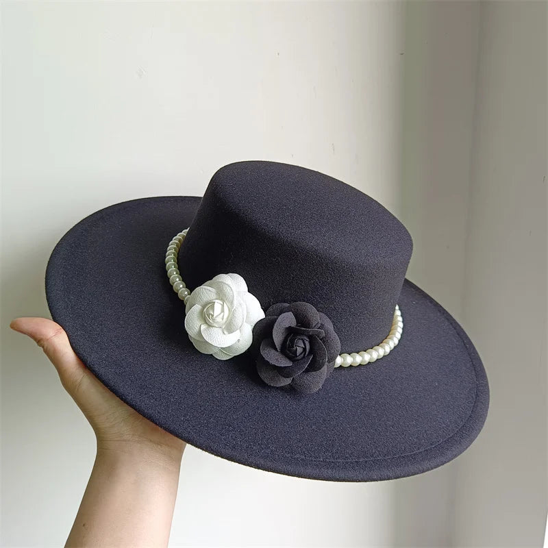 Women's Fashionable Fedora Hat 10CM Wide Brim Flat Top Felt Hats For Wedding And Jazz