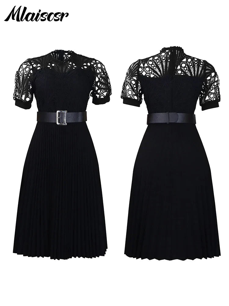 Mlaiscsr Elegant Luxury Wedding Guest Pleated Dresses with Belt Women O Neck Lace Patchwork Short Sleeve Birthday Party Robe New