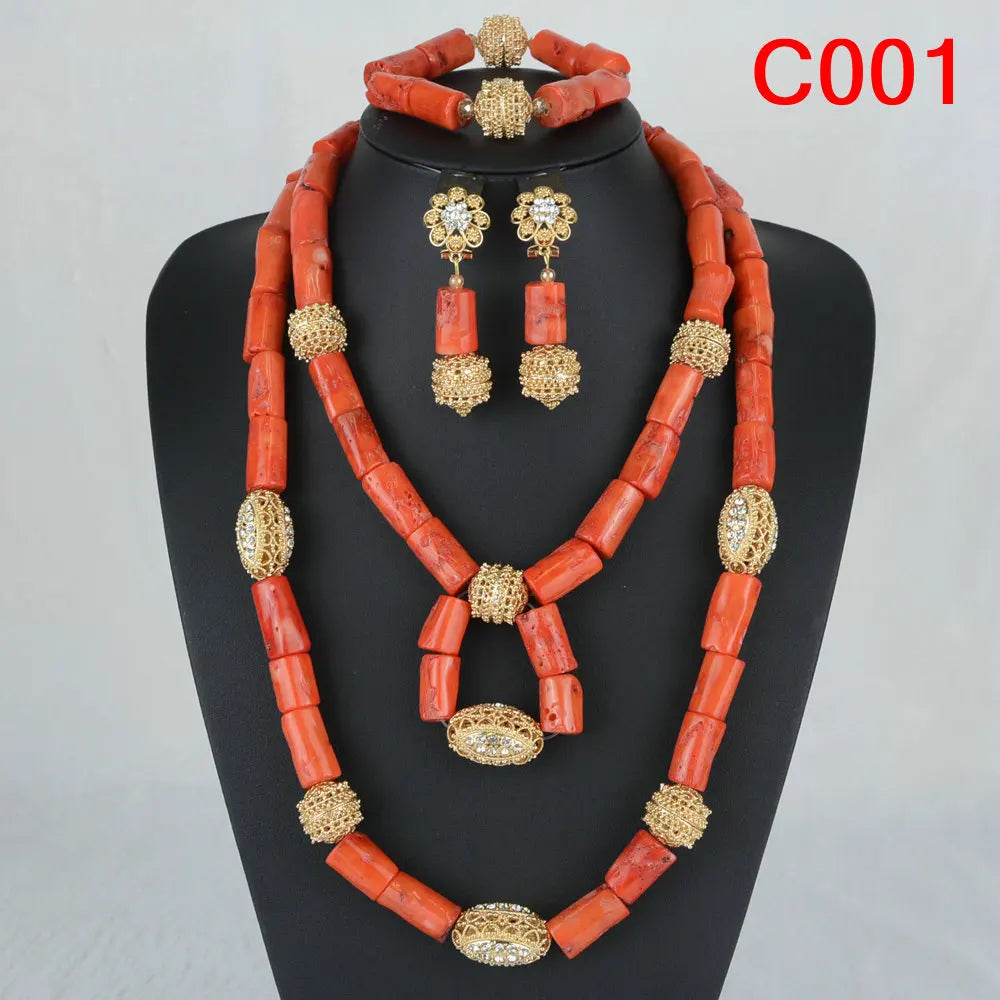 Latest Coral Jewelry Sets Nigerian Dubai Orange Necklace Sets of Beads African Bridal Jewelry Sets