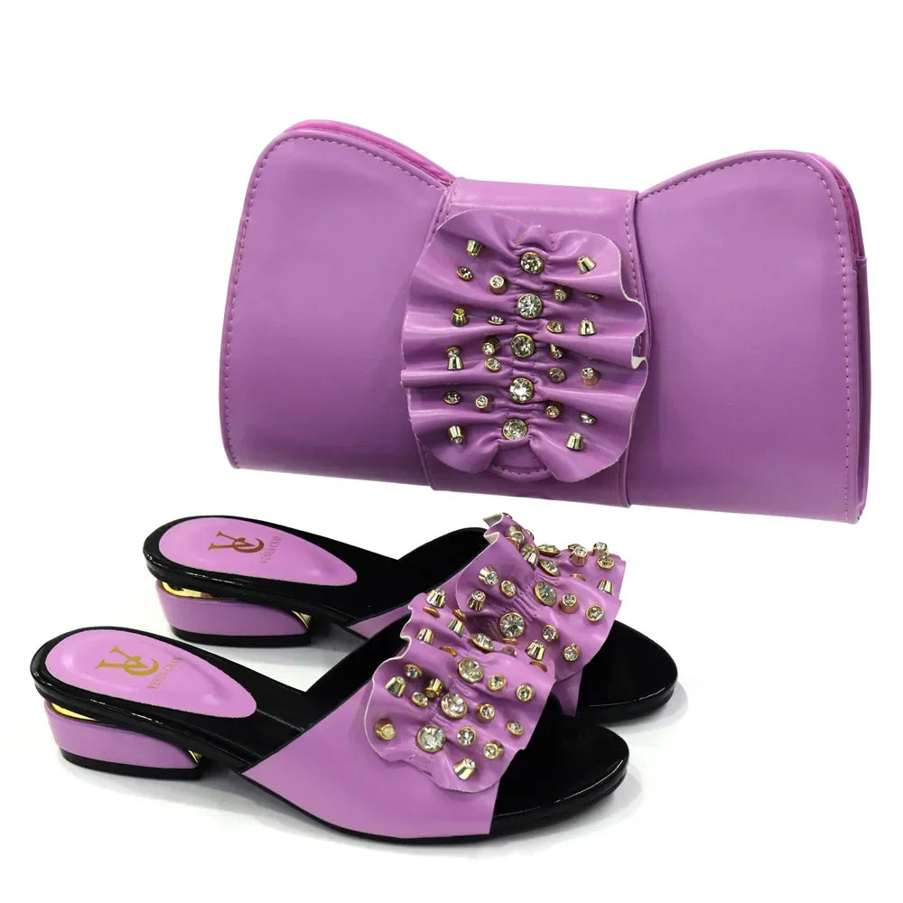 2024 Latest Italian Design Fashion African Women's Low Heel Comfortable Shoes and Bags Set Leather Casual Ladies Slippers