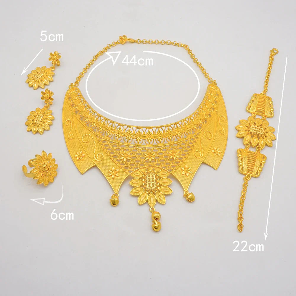 Indian Dubai Gold Color Jewelry Sets For Women Earring & Necklace Nigeria Moroccan Bridal Wedding Party Gifts