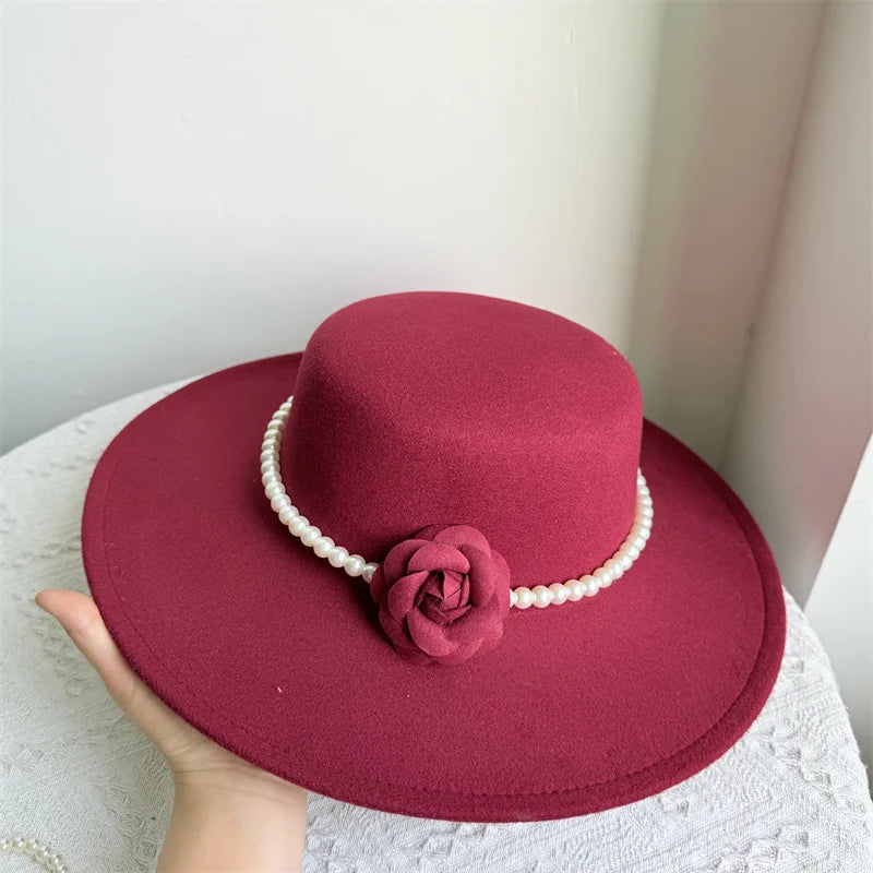 Women's Fashionable Fedora Hat 10CM Wide Brim Flat Top Felt Hats For Wedding And Jazz