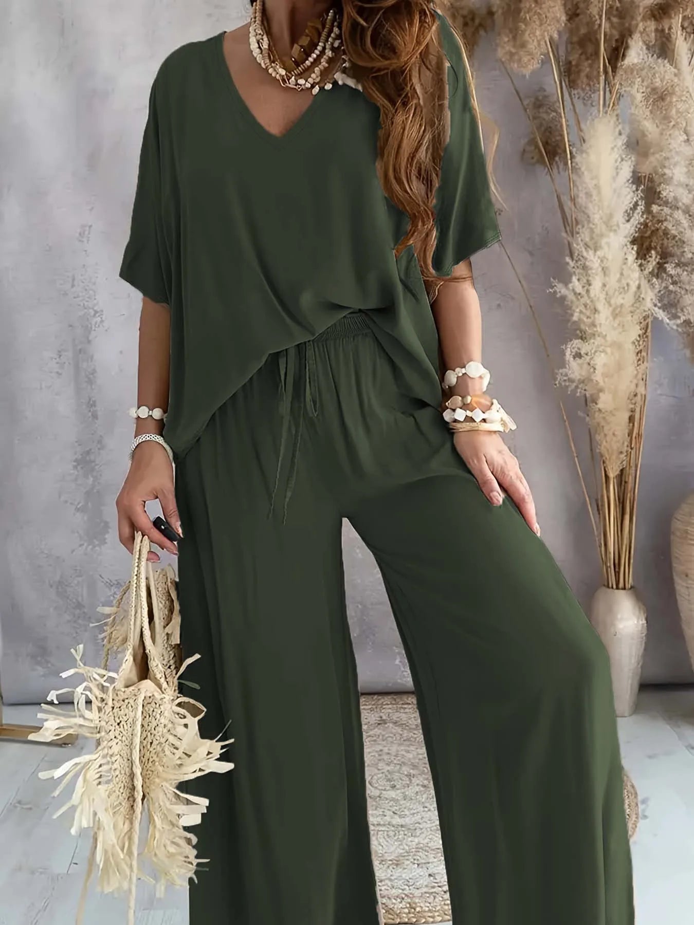 Cross border Europe and America 2025V collar bat sleeve casual loose wide leg pants set for women