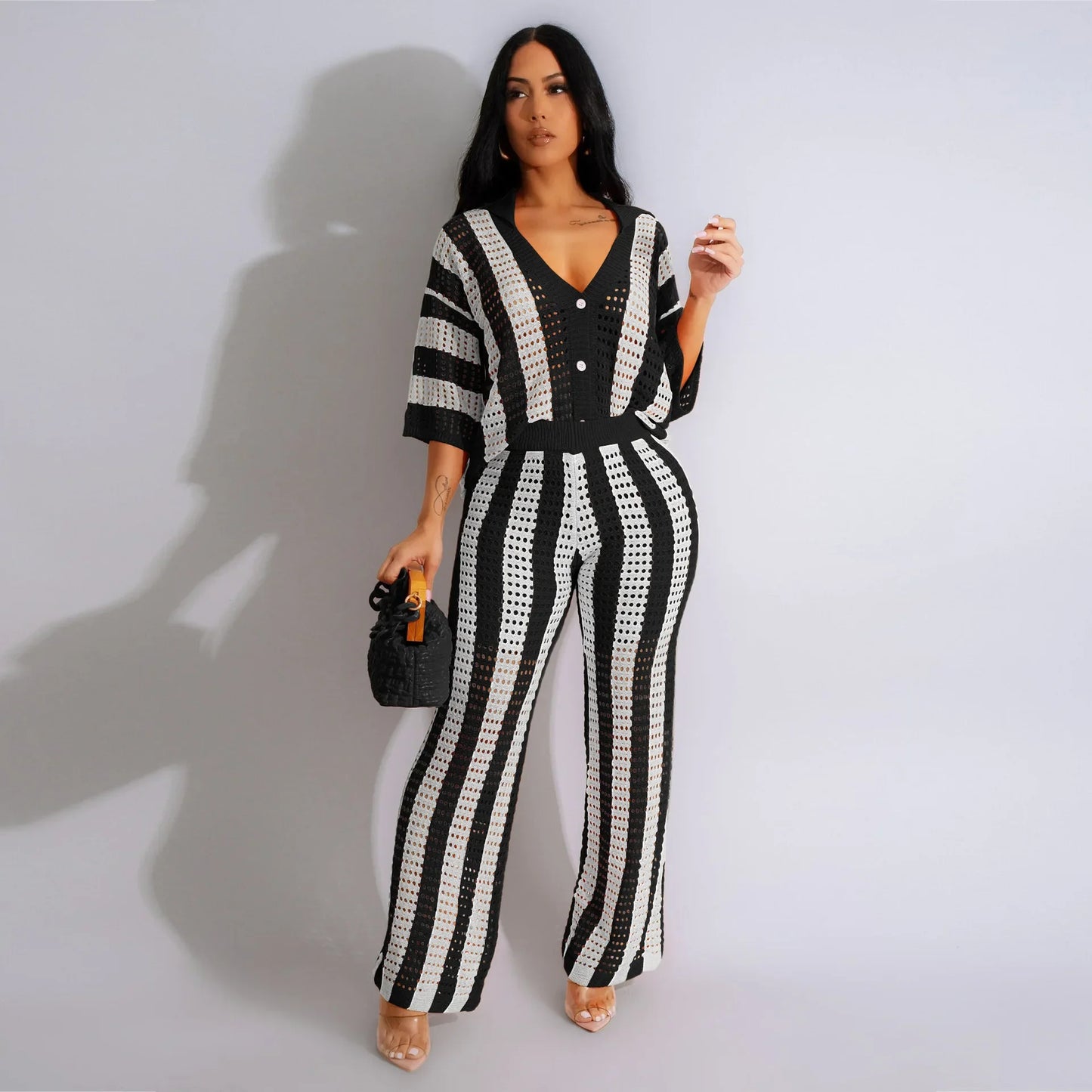 CM.YAYA Knit Ribbon Women's Set Short Sleeve Shirts and Wide Leg Pants 2024 Summer Beach Two 2 Piece Sets Outfits Tracksuit