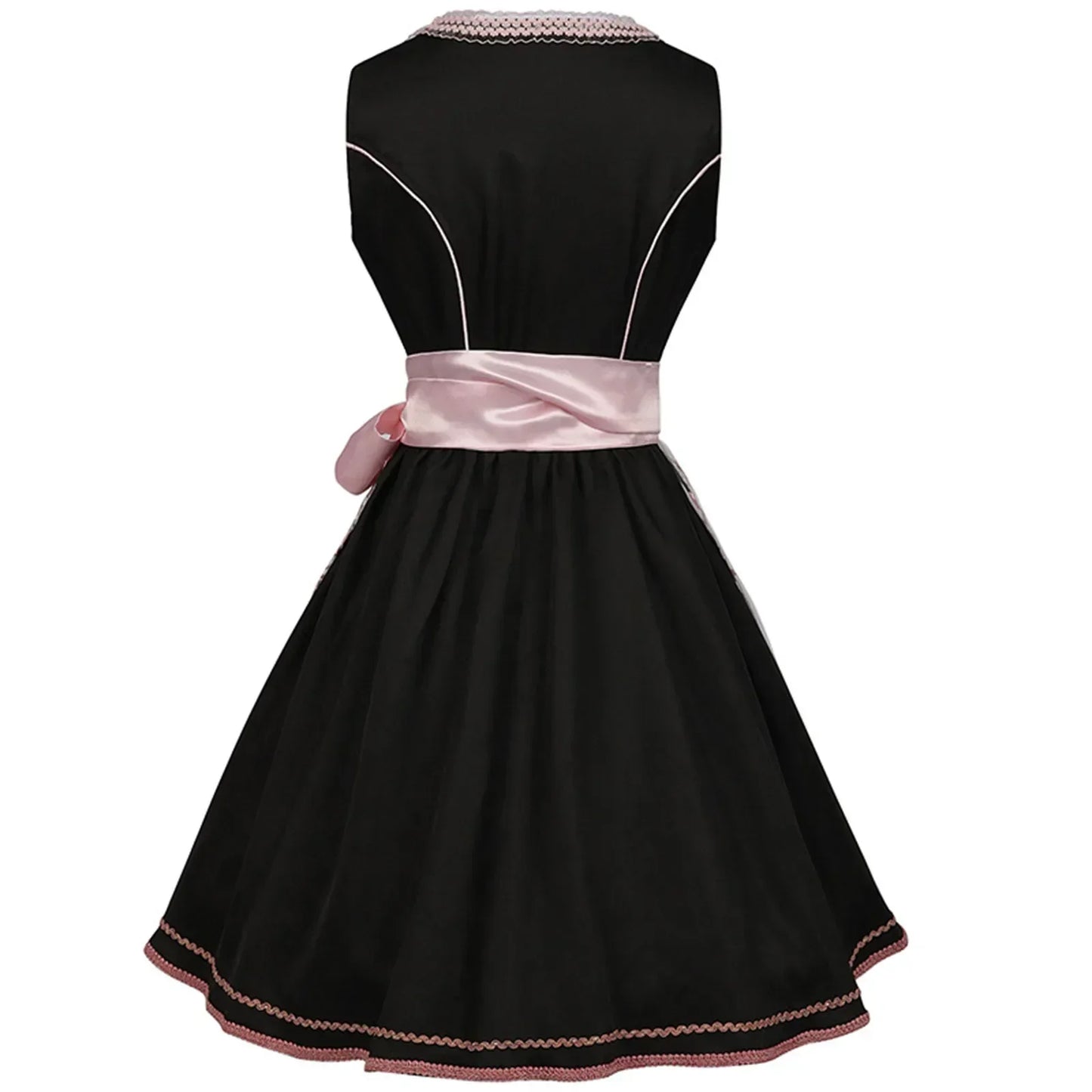 Women’s Black & Pink Dirndl Dress – Bavarian Oktoberfest Costume with Floral Embroidered Apron & Satin Bow