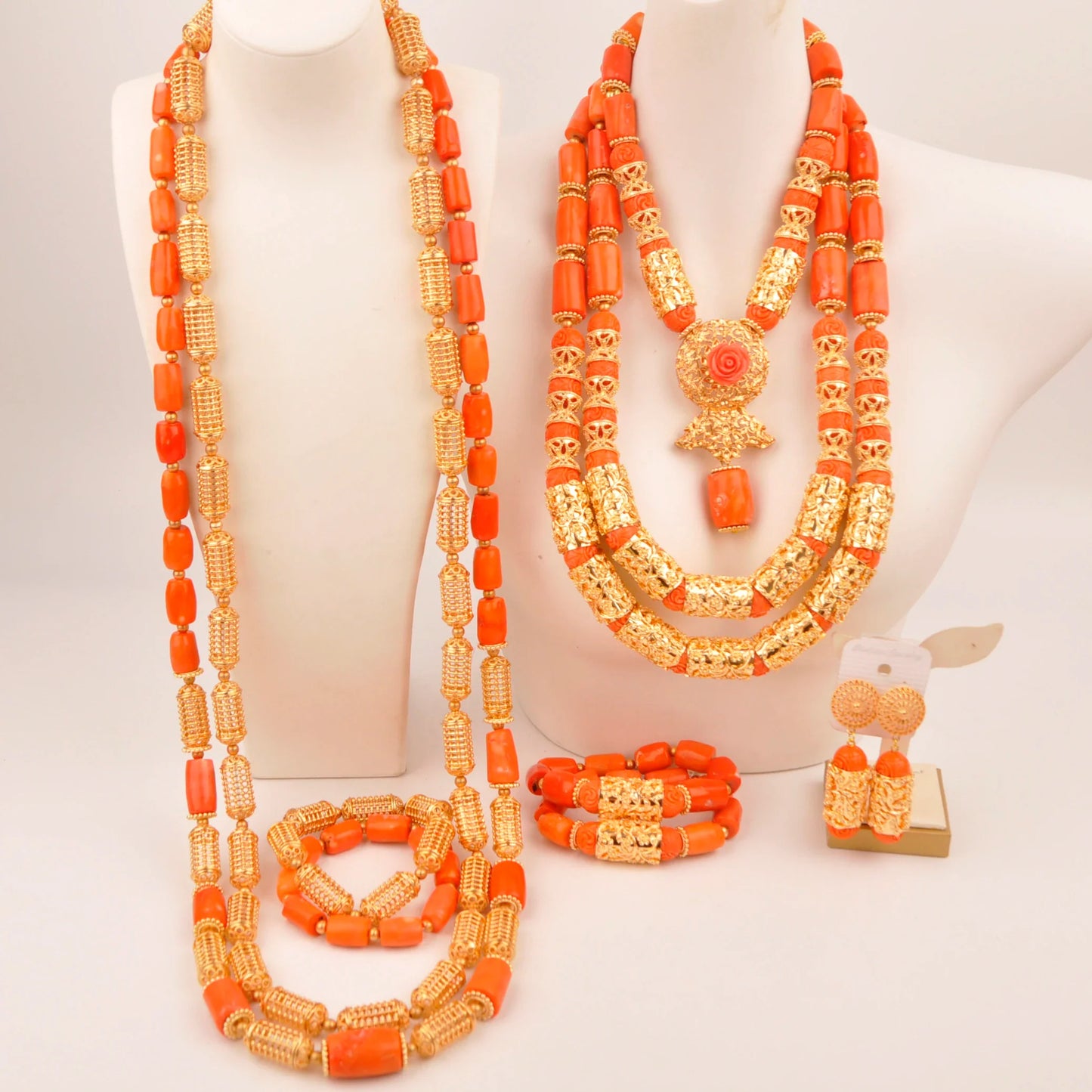 Natural coral beads orange necklace set for stylish Nigerian wedding couple African jewelry
