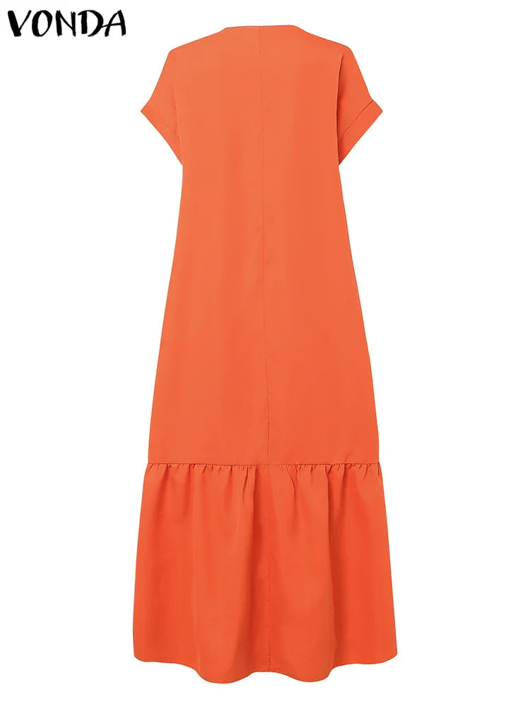 Plus Size Women Bohemian Dress Summer Sundress Solid Color Casual Short Sleeve Party