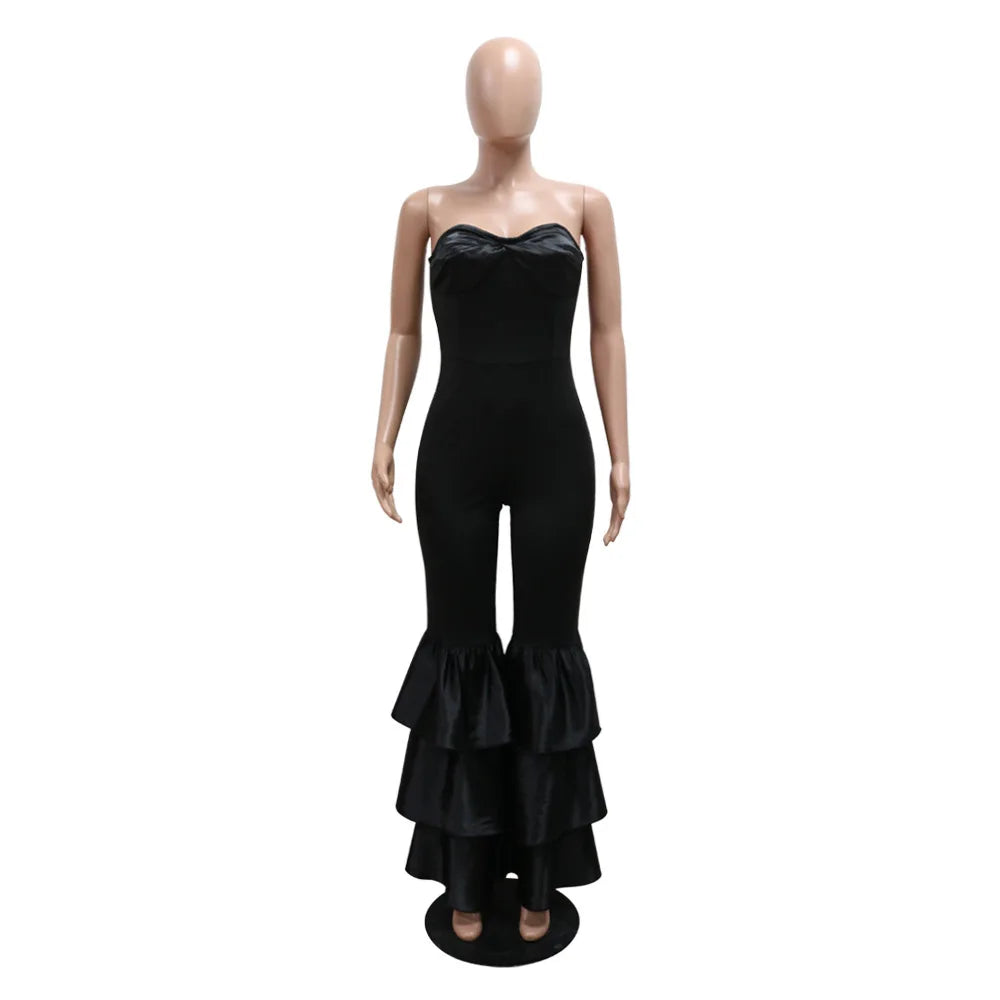 Jumpsuits Strapless Women Sleeveless Sexy Rompers One Piece Overalls Slim Fit Long Pant Ruffles Patchwork Elegant Lady