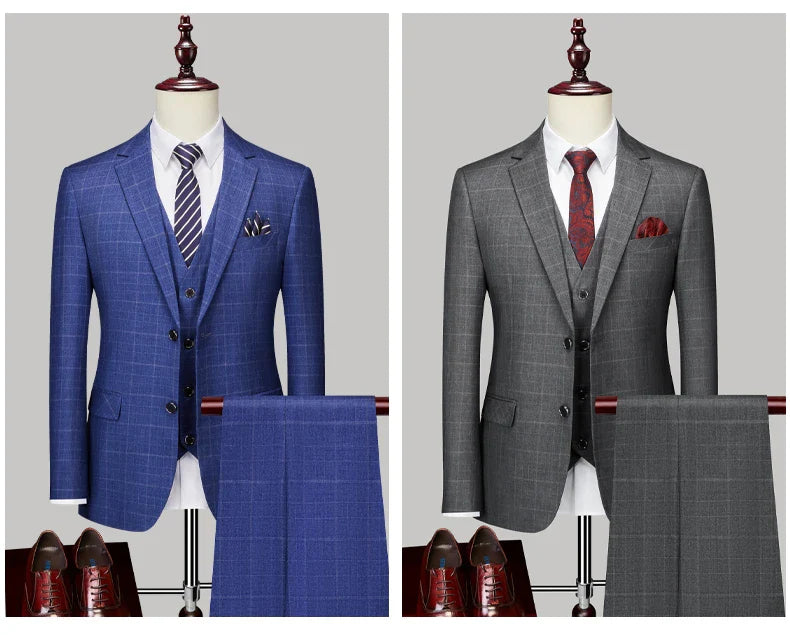 High-end Brand Classic Blue or Gray Plaid Men's Casual Business Suit Retro Official Suit Groom Wedding Dress Jacket Vest Pants