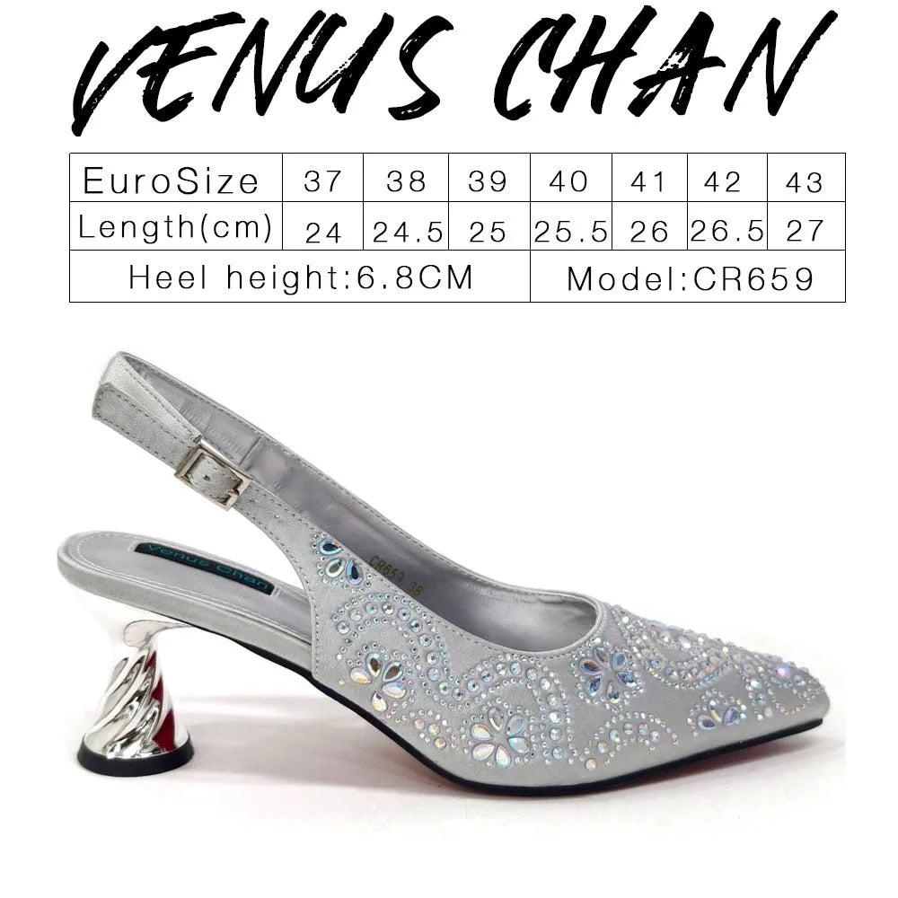 Elegant And Sexy Fuchsia Color High Heels Shoes And Bag With Rhinestone Embellished Toe Is Comfortable Women's Shoes For Party