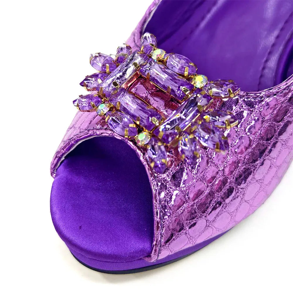 Women's Open Toe Heels Fashionable Rhinestone Decoration Shoe and Bag Set