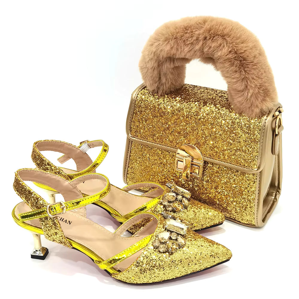 Women's Italian Fashion Peep Toe Pump Shoes with Matching Bag Set for Wedding And Party Med Heel Bling Embellished Mary Janes
