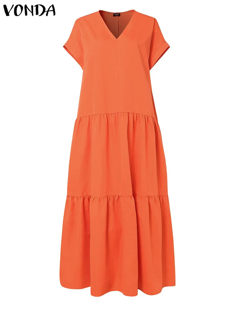 Plus Size Women Bohemian Dress Summer Sundress Solid Color Casual Short Sleeve Party