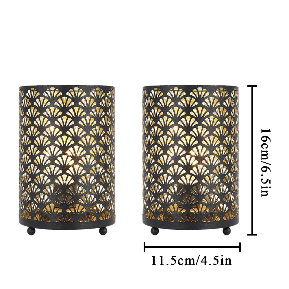 2Pcs Black Metal Table Lamp LED Lantern Battery Powered Lights Cordless