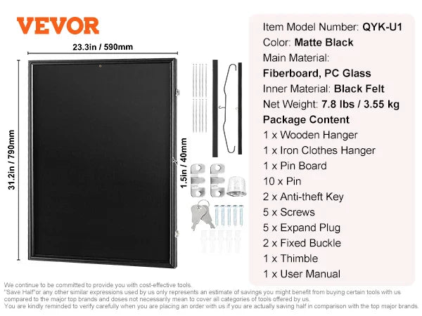 VEVOR Jersey Display / Sports Card Display Frame Case, Large Lockable Sport Shadow Box, 98% UV Protection PC Glass and Hangers