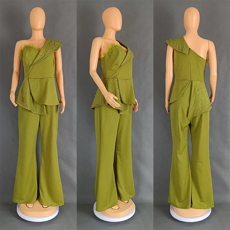 CM.YAYA Vintage Pearl Feather Sleeveless Patchwork Women Party Evening Prom Straight Jumpsuits 2024 Summer Sexy Playsuit Outfit