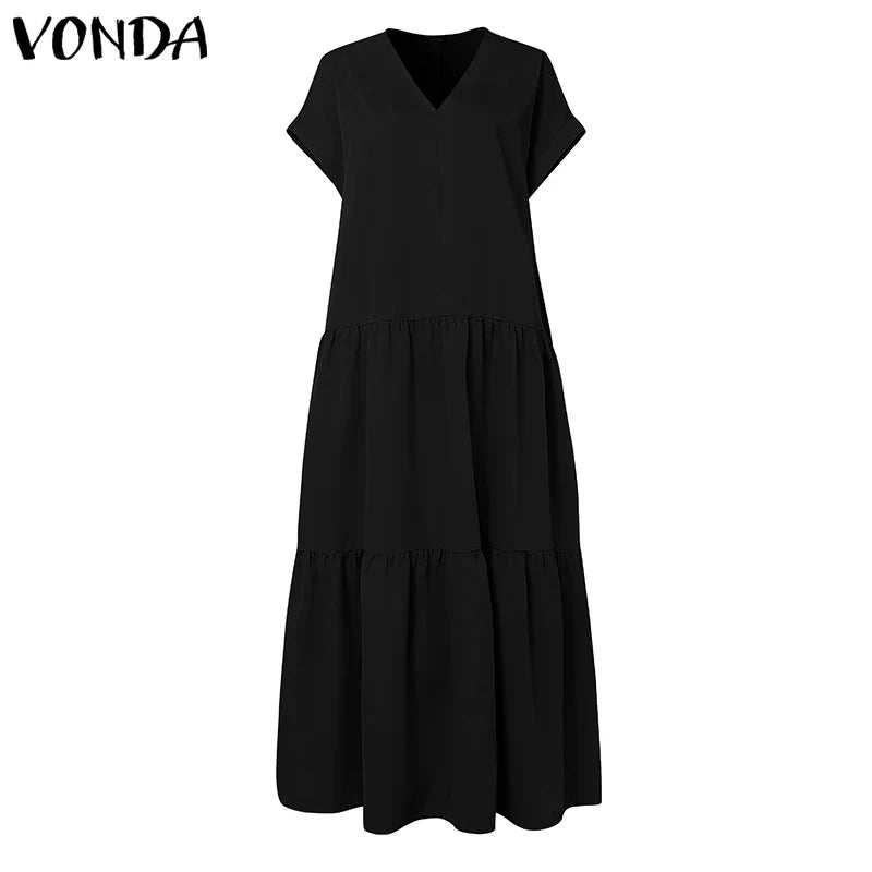 Plus Size Women Bohemian Dress Summer Sundress Solid Color Casual Short Sleeve Party