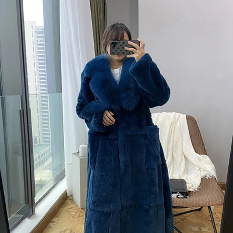 Women's Fashionable Belt Long Thick Warm Faux Fox Fur Jacket