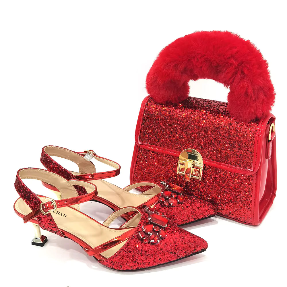 Women's Italian Fashion Peep Toe Pump Shoes with Matching Bag Set for Wedding And Party Med Heel Bling Embellished Mary Janes