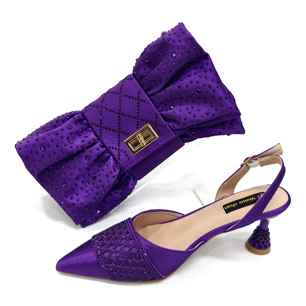 2025 New Elegant Nigerian Women’s Wine Colour Heeled Shoes and Rhinestone Handbag Set – Italian Design for Parties and Weddings