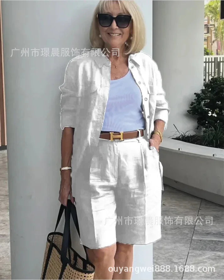 2025 Elegant 2-Piece Sets For Women Womens Cardigan Shirt Top Summer Solid Color Casual Shorts Two Piece New In Matching Sets