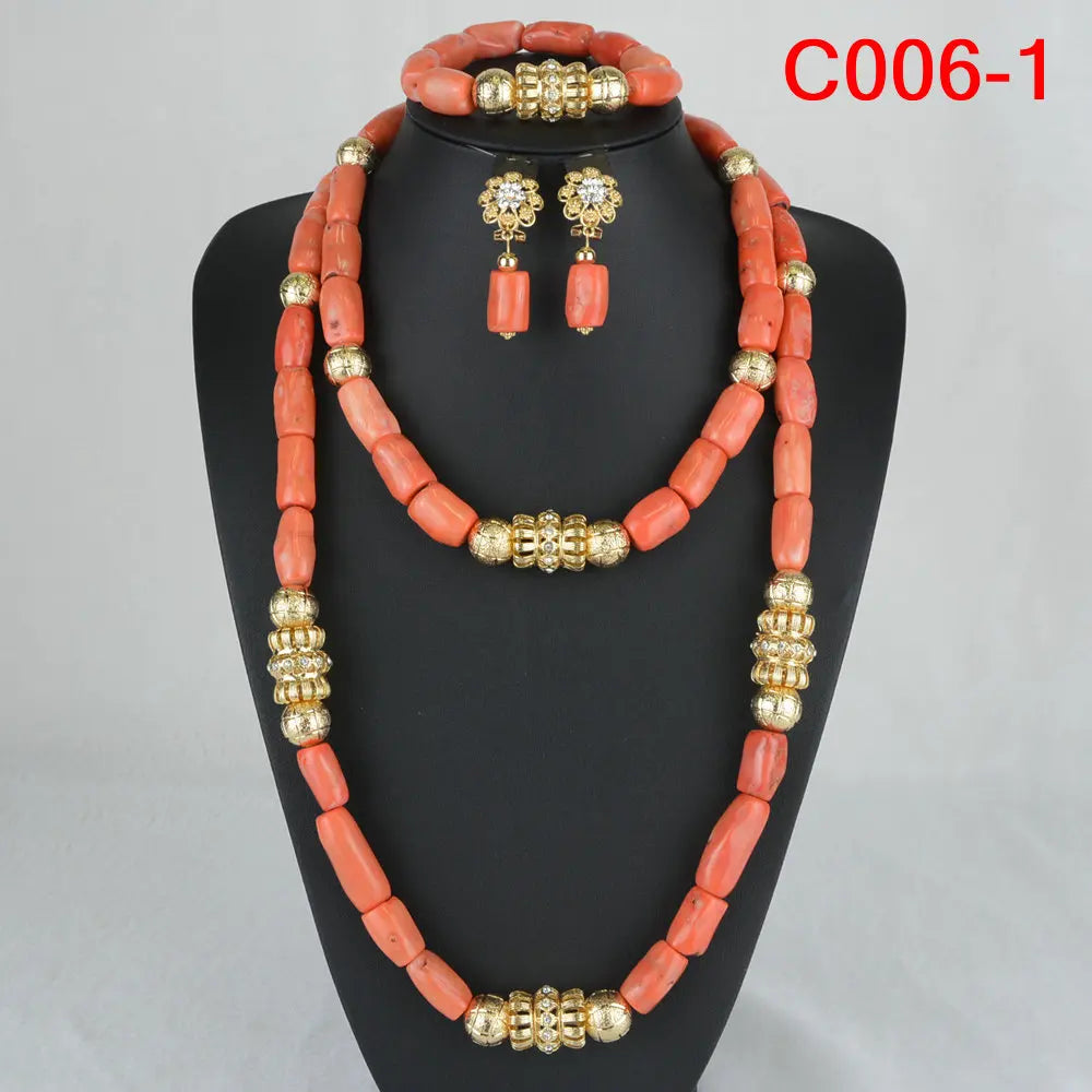 Latest Coral Jewelry Sets Nigerian Dubai Orange Necklace Sets of Beads African Bridal Jewelry Sets