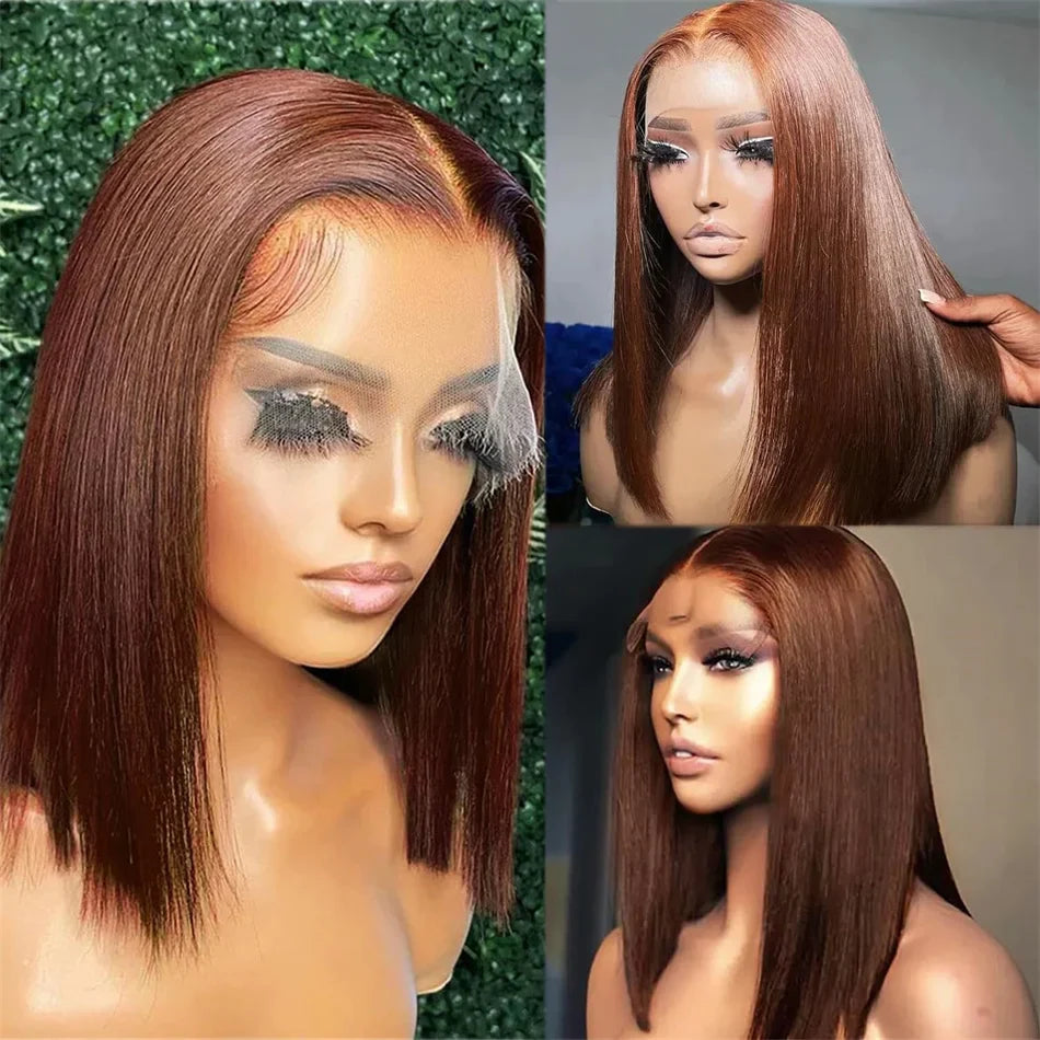 12A Double Drawn 210% Density Bone Straight Hair Bob Wig 13x4 Lace Front Wig 10-16 Inches Chocolate Brown Human Hair Wig