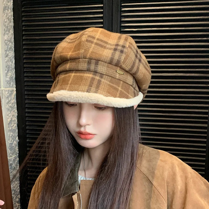 Winter Vintage Plaid Plush Warm Octagonal Women's Hat
